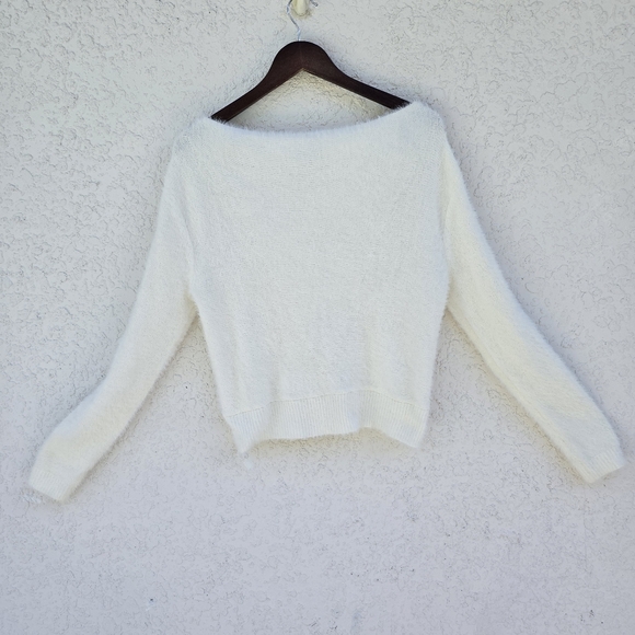 Lulus White Fuzzy Knit Sweater Cozy Soft Long Sleeve - Picture 1 of 7